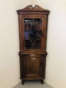 A SOLID OAK HALF GLAZED CORNER CABINET, BESPOKE MADE BY FAMILY MEMBER IN EDWARDIAN STYLE W 76CM,