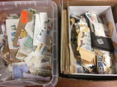 BOX AND TUB OF LOOSE STAMPS AND COVERS