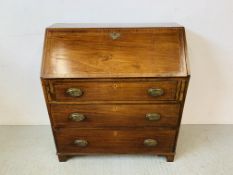 MAHOGANY THREE DRAWER WRITING BUREAU WITH WELL FITTED INTERIOR W 91CM, D 46CM,