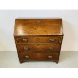 MAHOGANY THREE DRAWER WRITING BUREAU WITH WELL FITTED INTERIOR W 91CM, D 46CM,