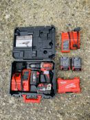 MILWAWKE M18 BPDN CORDLESS DRILL IN CASE WITH 3 SPARE BATTERIES AND 2 CHARGERS - SOLD AS SEEN