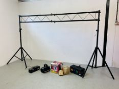 STAGE LIGHT GANTRY ALONG WITH VARIOUS STAGE LIGHTS INCLUDING LETECH, ABSTRACT,