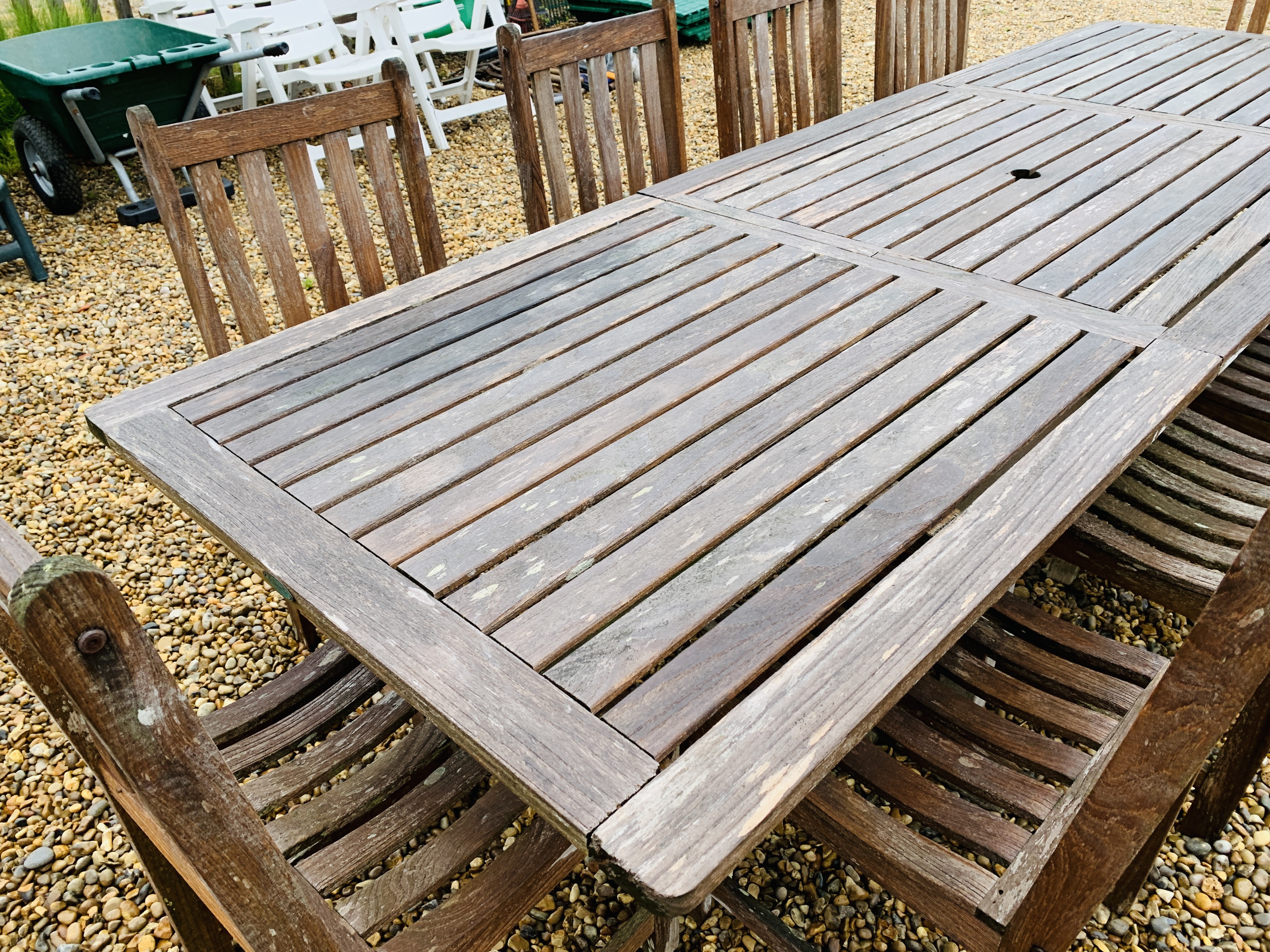 A WESTMINSTER TEAK EXTENDING GARDEN TABLE AND A SET OF TEN DINING CHAIRS PLUS 2 RECLINING SUN - Image 2 of 10