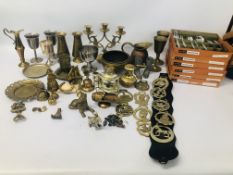 BOX OF ASSORTED METAL WARE TO INCLUDE HORSE BRASSES ALONG WITH 6 X BOXES OF SANDERSON CUTLERY ETC.