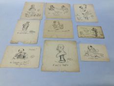 COLLECTION OF 9 UNFRAMED PEN AND INK CARTOON SKETCHES BEARING SIGNATURE A.