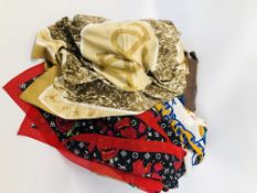 BOX OF ASSORTED VINTAGE CLOTHING AND SCARVES TO INCLUDE DESIGNER BRANDED ALONG WITH 6 X PAIRS OF