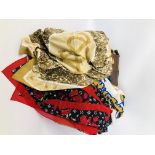 BOX OF ASSORTED VINTAGE CLOTHING AND SCARVES TO INCLUDE DESIGNER BRANDED ALONG WITH 6 X PAIRS OF