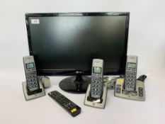 A LG FLATRON M2280D MONITOR TV WITH REMOTE AND A BT FREESTYLE TRIPLE PACK CORDLESS HOME PHONE SET -