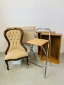 A REPRODUCTION VICTORIAN BUTTON BACK NURSING CHAIR, UPHOLSTERY A/F, 2 MEDIA STORAGE UNITS,