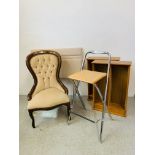 A REPRODUCTION VICTORIAN BUTTON BACK NURSING CHAIR, UPHOLSTERY A/F, 2 MEDIA STORAGE UNITS,