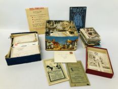 BOX OF ASSORTED EPHEMERA AND POSTCARDS TO INCLUDE WW2 PRISONER OF WAR LETTERS ETC