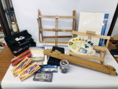 COLLECTION OF ARTIST EQUIPMENT AND PAINTS TO INCLUDE EASEL