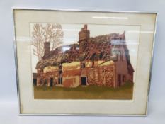 FRAMED 1970'S LINO "DERELICT BUILDING" BEARING SIGNATURE H. J.