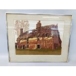 FRAMED 1970'S LINO "DERELICT BUILDING" BEARING SIGNATURE H. J.