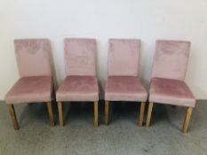 A SET OF 4 MODERN DESIGNER PINK SUEDE FINISH DINING CHAIRS WITH CHEQUERED PATTERN BACKS