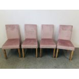 A SET OF 4 MODERN DESIGNER PINK SUEDE FINISH DINING CHAIRS WITH CHEQUERED PATTERN BACKS