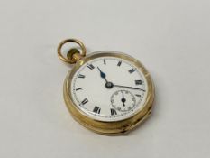 A LADIES 9CT GOLD CASED FOB WATCH WITH WHITE ENAMELLED DIAL AND SUBSIDUARY SECOND DIAL