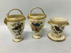 PAIR OF ROYAL WORCESTER BIRD DECORATED VASES WITH LOOP HANDLES - H 13CM ALONG WITH A SIMILAR VASE