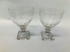 A PAIR OF SWEETMEAT GLASSES,THE TRUMPET BOWLS ENGRAVED WELLS AND MONOGRAM,