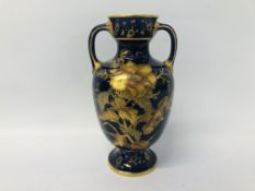 ROYAL CROWN DERBY VASE OF OVOID FORM, HAVING TWO HANDLES DECORATED IN RAISED GILT FLOWERS - H 19CM.