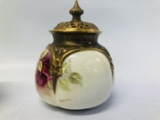 PAIR OF ROYAL WORCESTER SQUAT VASES WITH COVERS DECORATED WITH FLOWERS SIGNED C.