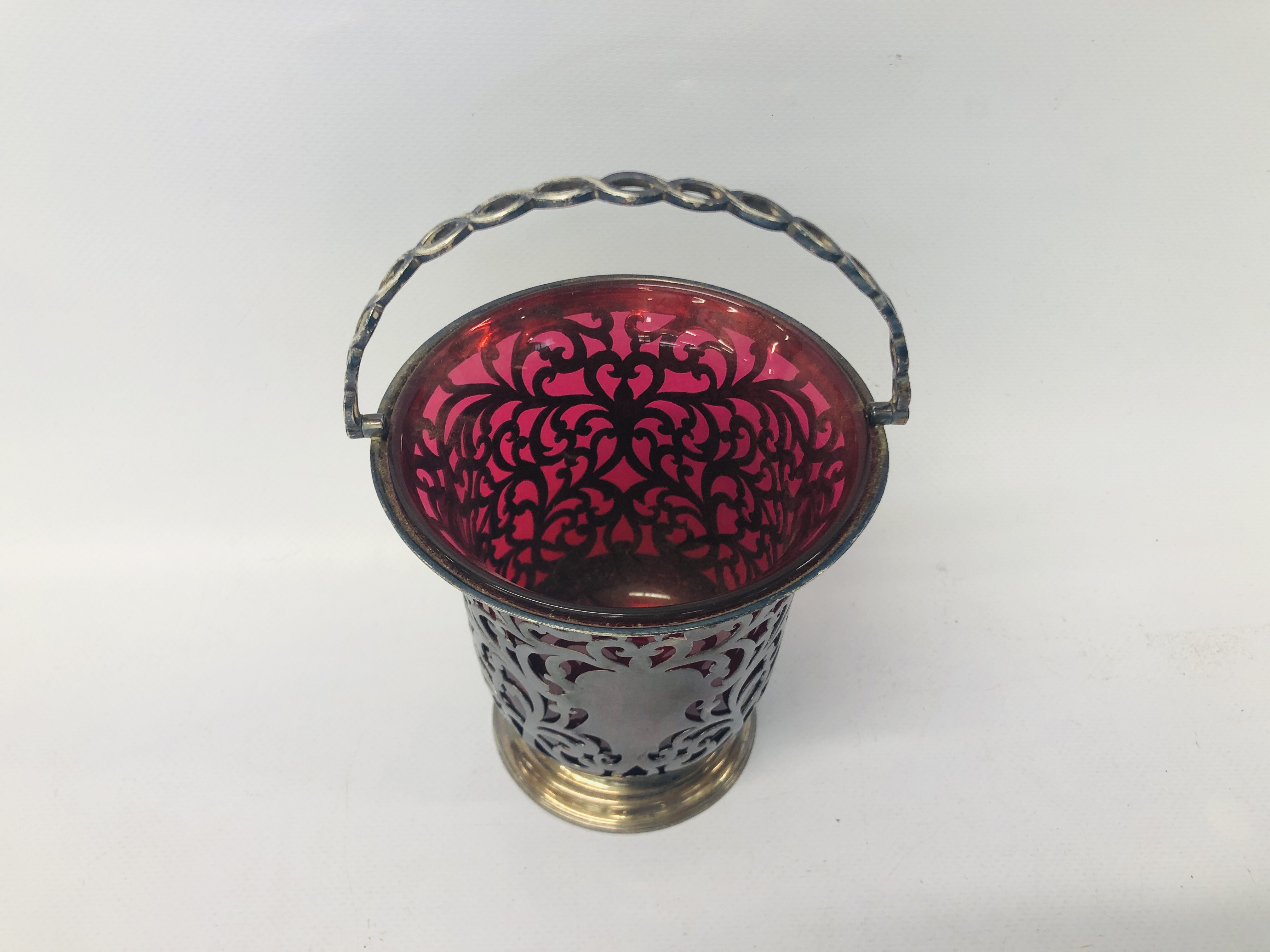 PERIOD SILVER OPEN WORK BASKET WITH CRANBERRY GLASS LINER H 11CM (NOT INCLUDING HANDLE) - Image 2 of 6