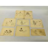 COLLECTION OF 8 UNFRAMED PEN AND INK CARTOON SKETCHES BEARING SIGNATURE A.