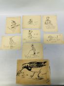 COLLECTION OF 7 X UNFRAMED PEN & INK CARTOON SKETCHES BEARING SIGNATURE A.