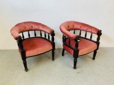 PAIR OF PERIOD MAHOGANY FRAMED TUB STYLE CHAIR UPHOLSTERED IN PINK VELOUR,