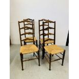 A SET OF 4 WEST COUNTRY STYLE LADDERBACK DINING CHAIRS WITH RUSH SEATS