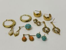 SEVEN PAIRS OF VARIOUS 9CT GOLD EARRINGS AND 9CT GOLD TURQUOISE SET PENDANT