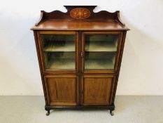 EDWARDIAN INLAID DISPLAY CABINET 4 DOORS TOP TWO GLAZED (KEY WITH AUCTIONEER) W 92CM, D 39CM,