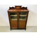 EDWARDIAN INLAID DISPLAY CABINET 4 DOORS TOP TWO GLAZED (KEY WITH AUCTIONEER) W 92CM, D 39CM,