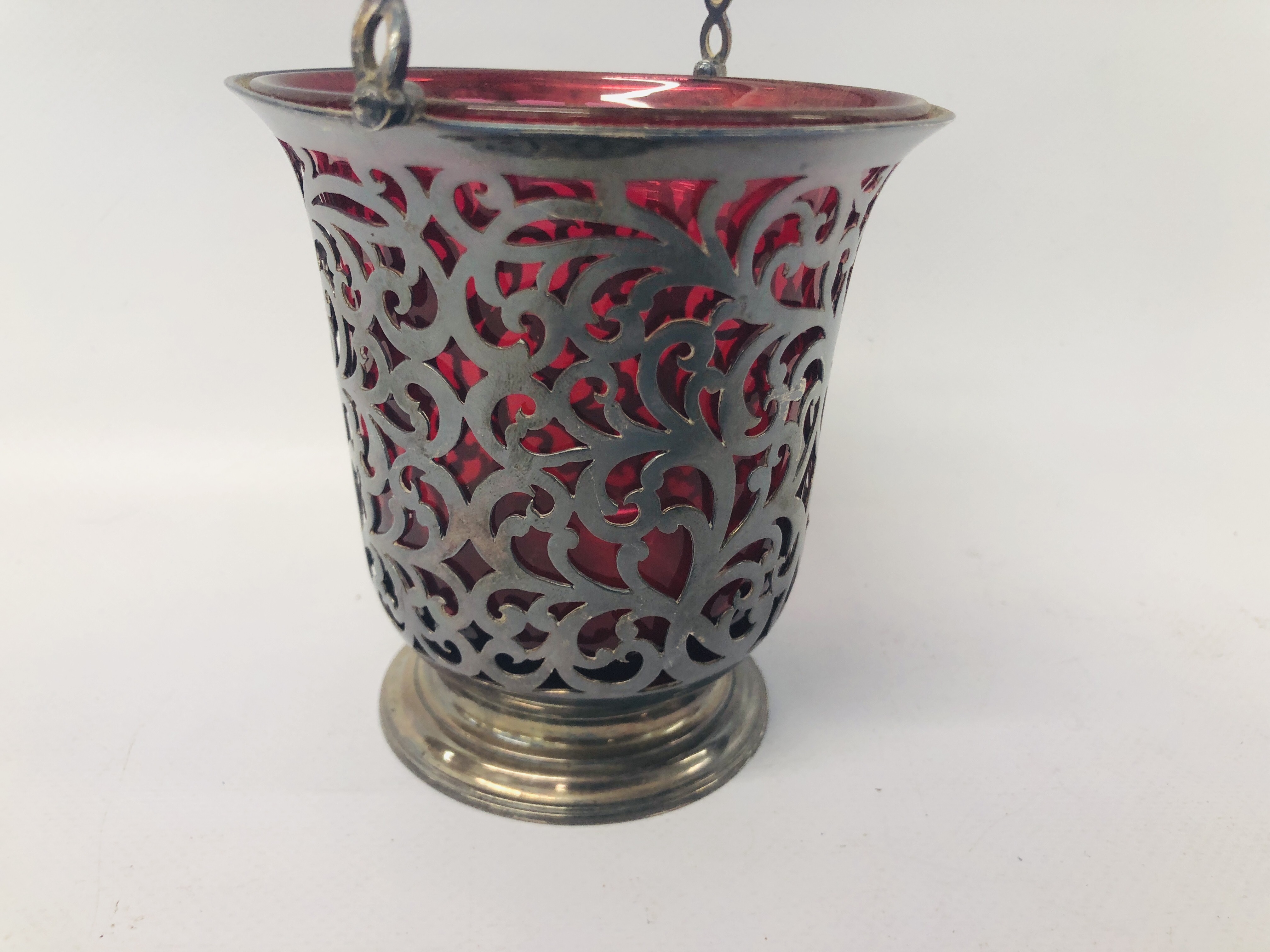 PERIOD SILVER OPEN WORK BASKET WITH CRANBERRY GLASS LINER H 11CM (NOT INCLUDING HANDLE) - Image 3 of 6