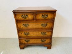 REPRODUCTION 2 OVER 3 DRAWER WALNUT FINISH CHEST WITH BRASS HANDLES H 73CM X D 37CM X W 61CM