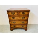 REPRODUCTION 2 OVER 3 DRAWER WALNUT FINISH CHEST WITH BRASS HANDLES H 73CM X D 37CM X W 61CM