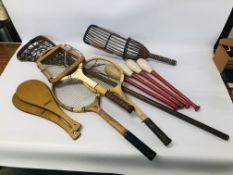 BOX OF ASSORTED VINTAGE TENNIS RACKETS, LACROSSE STICK,