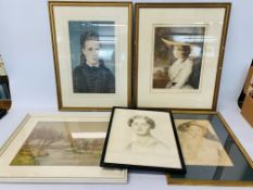 3 X FRAMED PORTRAITS TO INCLUDE "THE LADY RATCLIF" PRINT, CLASSICAL LADY BEARING PENCIL SIGNATURE,