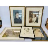 3 X FRAMED PORTRAITS TO INCLUDE "THE LADY RATCLIF" PRINT, CLASSICAL LADY BEARING PENCIL SIGNATURE,