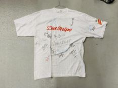 RED STRIPE T SHIRT SIGNED BY WEST HAM (APPROX 2002)