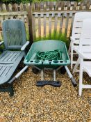 A TWO WHEEL GARDEN BARROW + QTY OF HOSE AND CHIMNEY POT