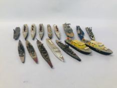 BOX OF ASSORTED VINTAGE DI-CAST MODEL SHIPS TO INCLUDE 2 X DINKY AIR SEA RESCUE LAUNCH BOATS,