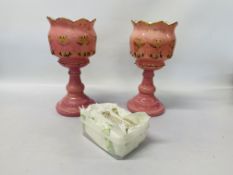 PAIR OF VINTAGE PINK GLASS HAND DECORATED LUSTRES & DROPS (HAIR LINE CRACK)