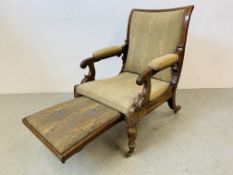 A GEORGE IV MAHOGANY DAWS PATENT RECLINING OPEN ARMCHAIR & FOOTREST