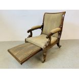 A GEORGE IV MAHOGANY DAWS PATENT RECLINING OPEN ARMCHAIR & FOOTREST