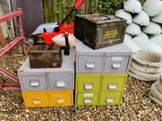 4 X STEEL FILING BOXES (ONE LOCKED NO KEY) 2 X STEEL AMMUNITION BOXES,
