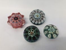 4 X VINTAGE ART GLASS PAPER WEIGHTS TO INCLUDE PERTHSHIRE, STRATHEARN ETC.