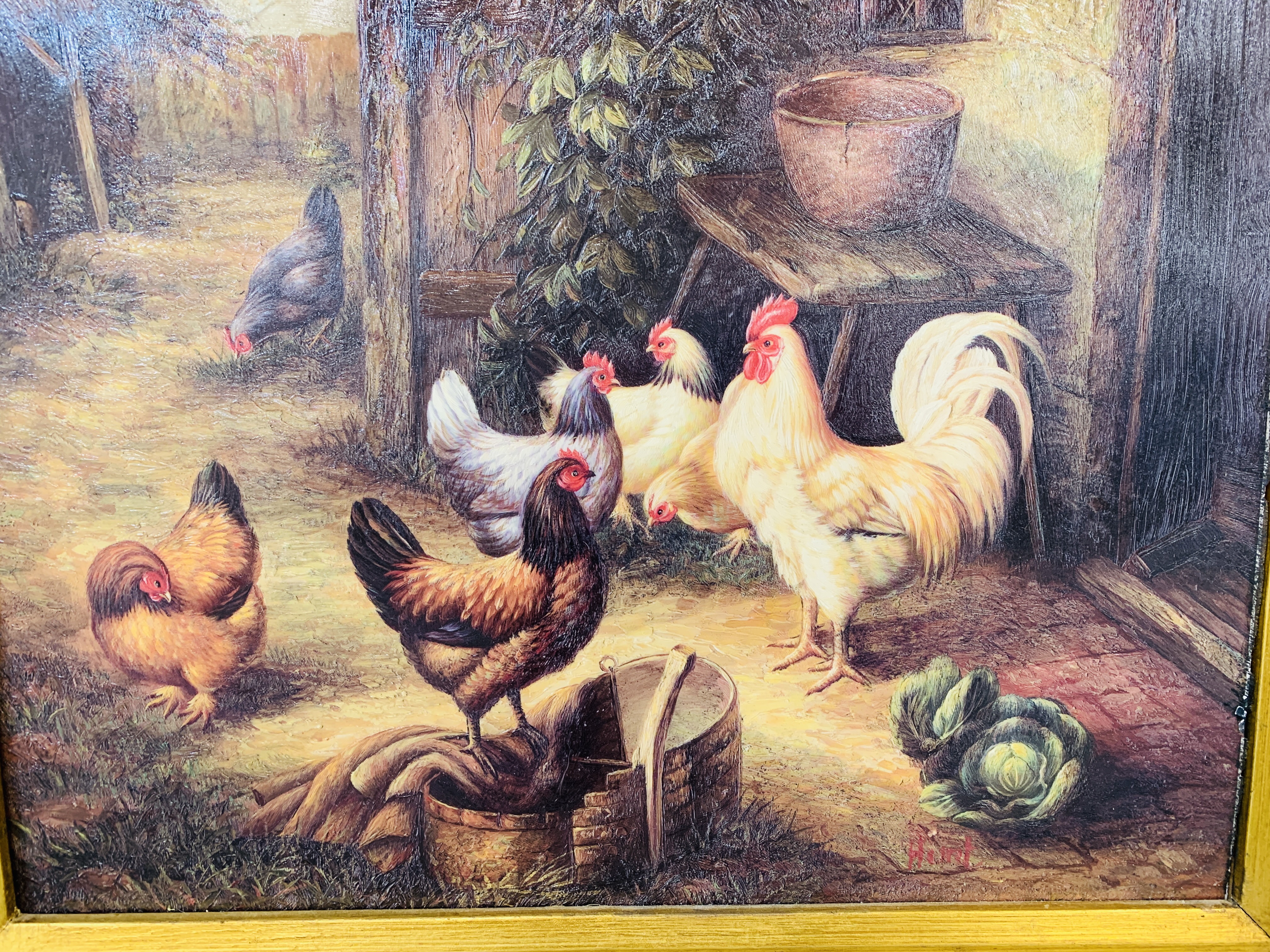 A GILT FRAMED REPRODUCTION PRINT, COCKERELS IN FARMYARD BY HUNT, 29 X 39. - Image 2 of 5