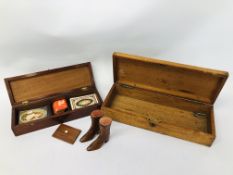 AN ANTIQUE MAHOGANY CRIBBAGE BOX WITH BONE INLAY AND MARQUETRY TOP,