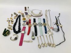 BOX OF ASSORTED COSTUME JEWELLERY AND WATCHES TO INCLUDE SEKONDA,